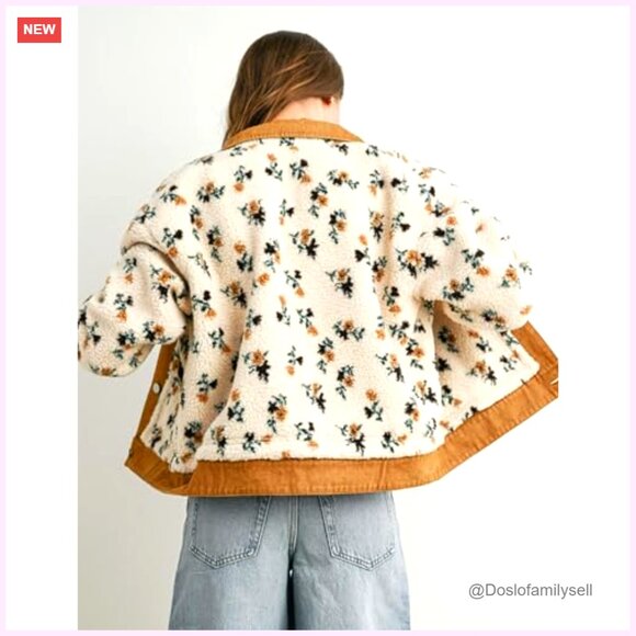 Oversized Sherpa Fleece Jacket Denim Collar Button Front Pockets - Picture 6 of 7